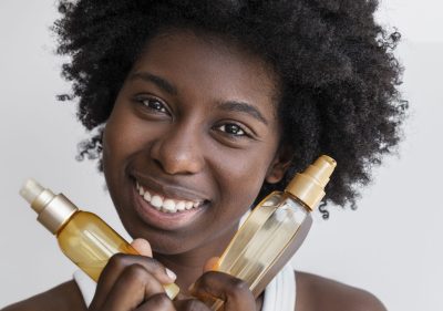 front-view-smiley-woman-holding-hair-products